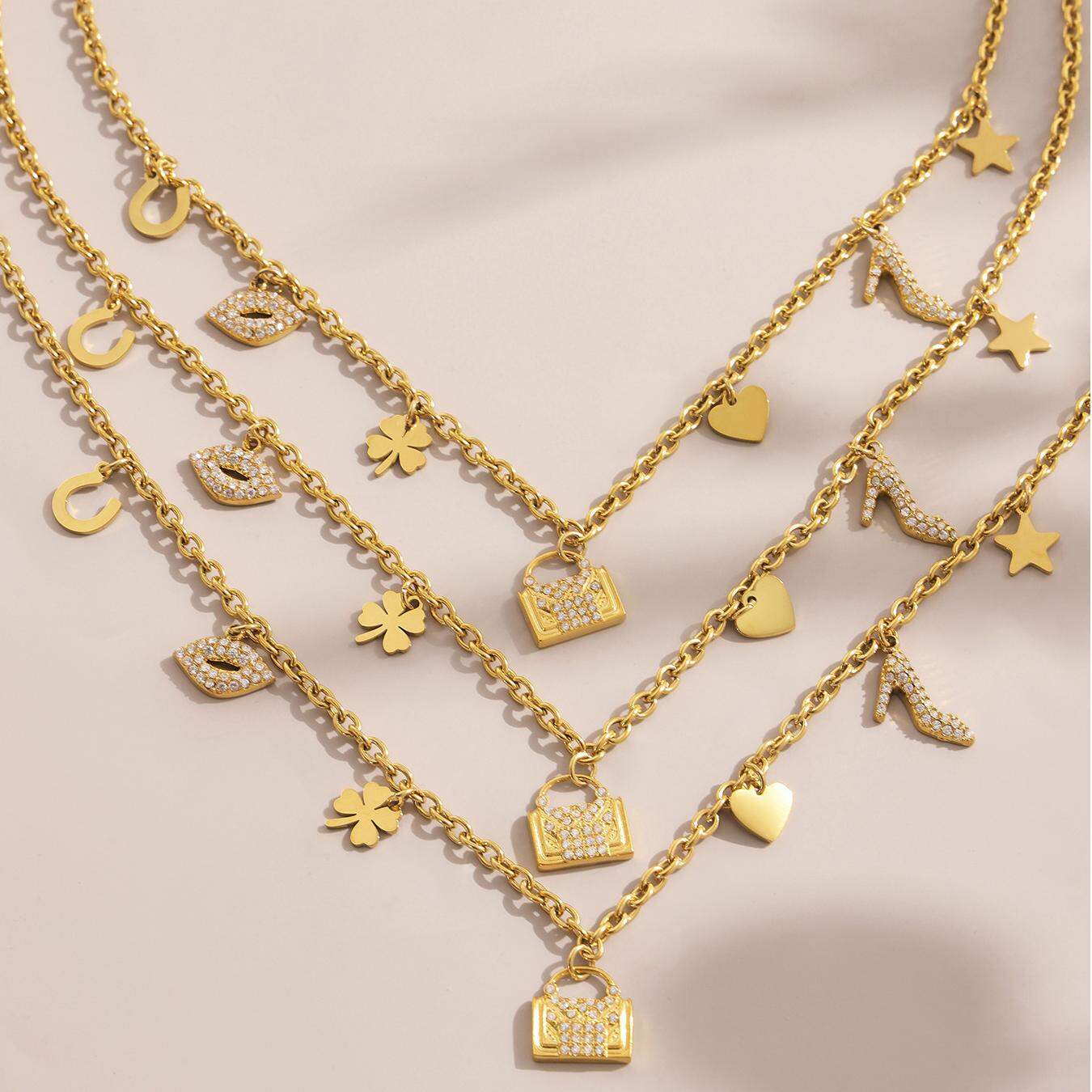 Fashionable Heart Clover Stainless Steel Waterproof Gold Color Women's Jewelry Sets h5 Picture5