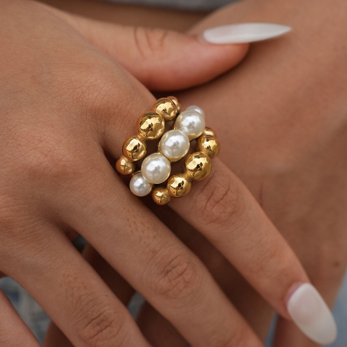 1 Piece Simple Series Natural Patchwork Stainless Steel Waterproof Gold Color Statement Rings 2