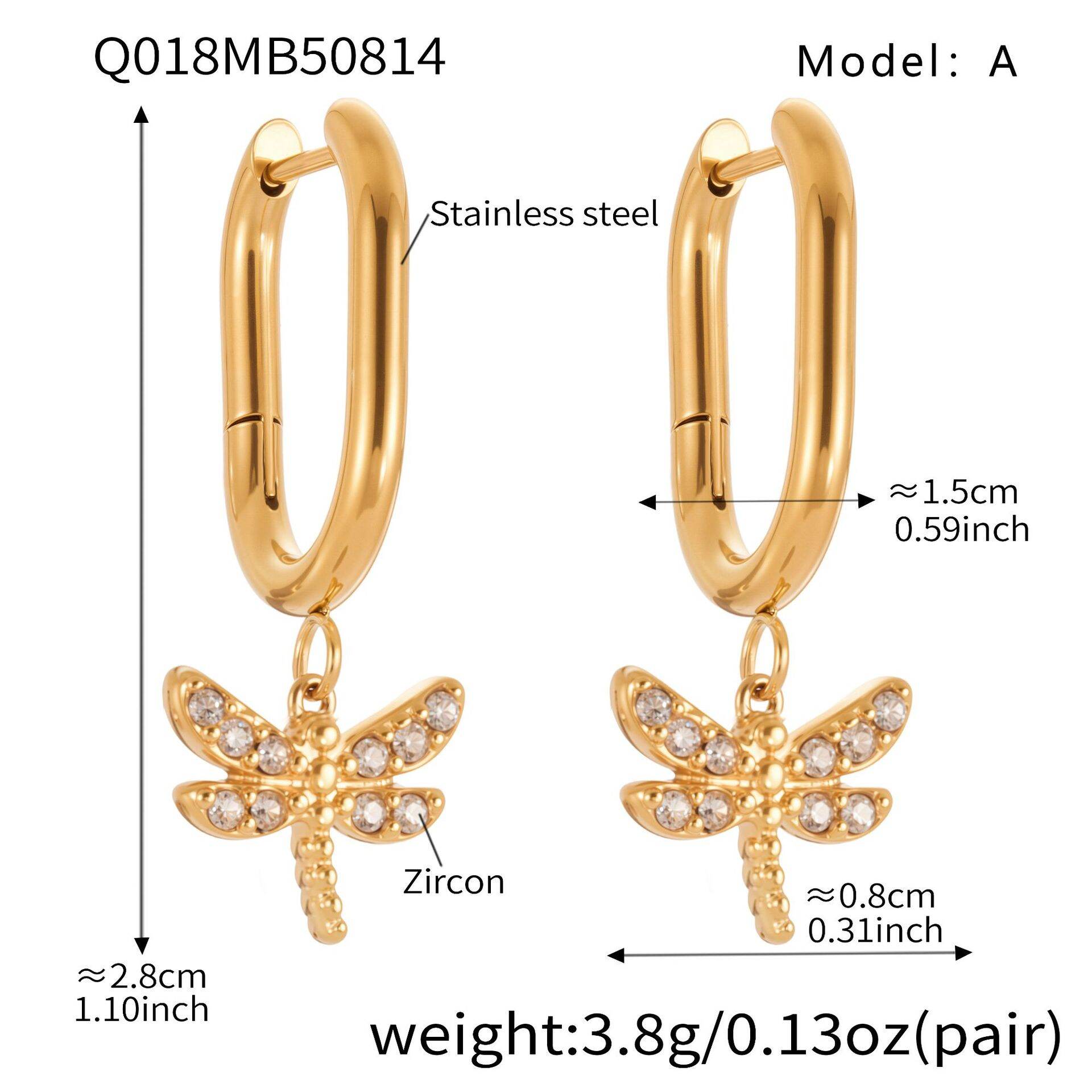 1 Pair Exquisite Dragonfly Stainless Steel Waterproof Gold Color Zircon Women's Drop Earrings h5 