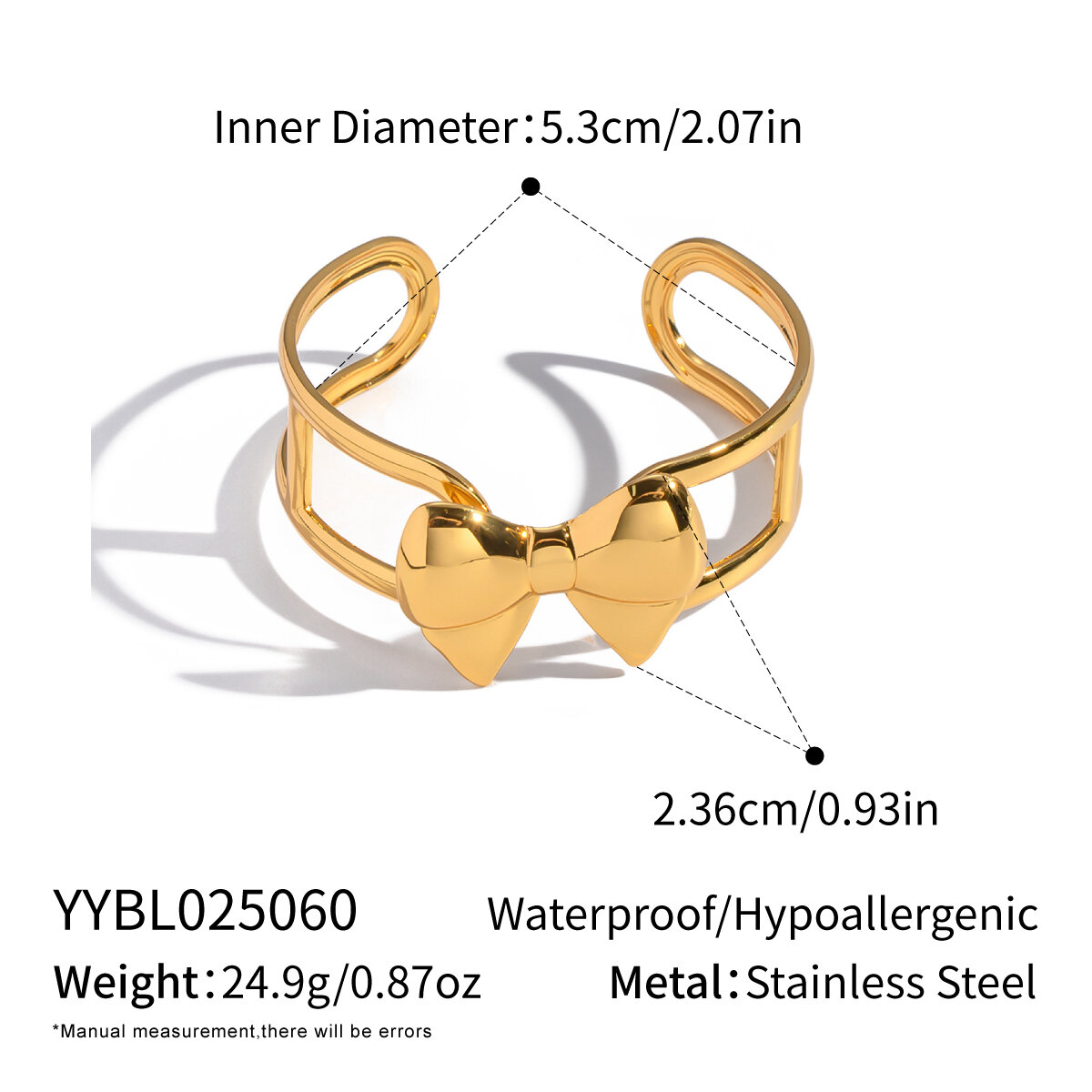 1 Piece Sweet Bow Knot Stainless Steel Waterproof  Gold Color Cuff Bracelet 