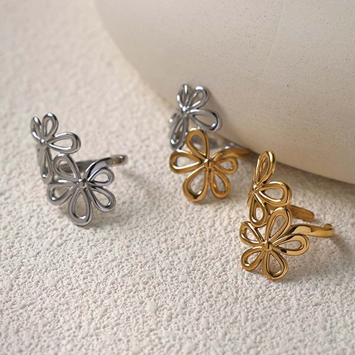 1 Piece  Natural Flower Stainless Steel Waterproof   Gold Color Women's  Statement Rings Picture3