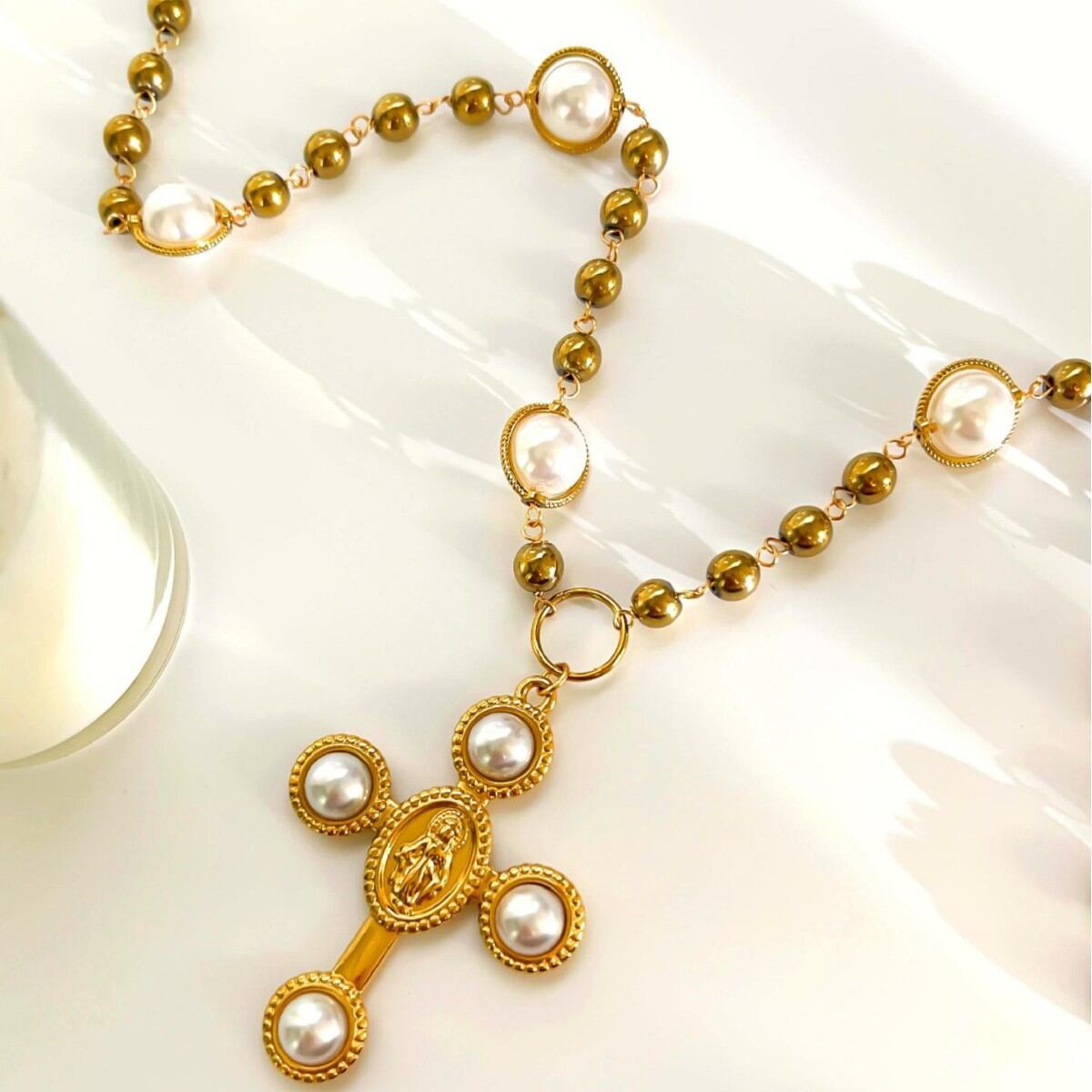 1 Stück Kreuz Kunstperle Goldfarbene Perlenkette h5 Bild4