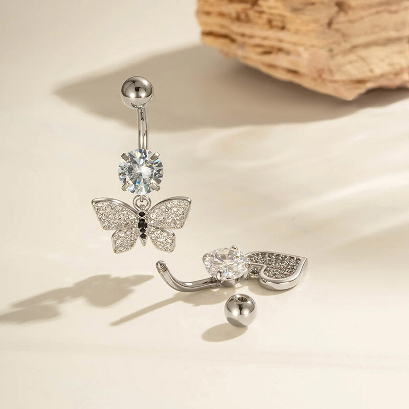 Piercing all'ombelico in rame e zircone a forma di cuore e farfalla, 1 pezzo 2