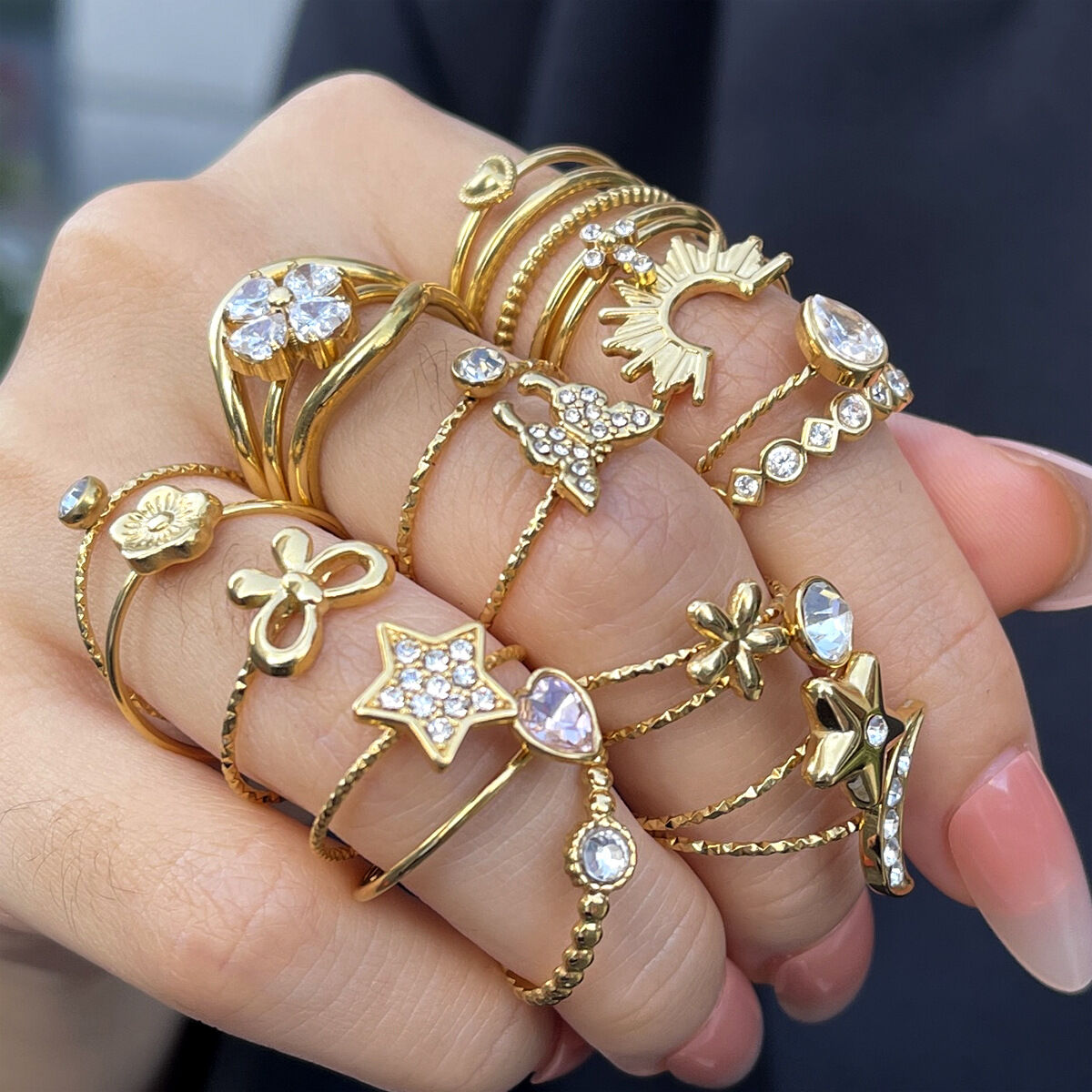 Multi-layered Butterfly Star Moon Stainless Steel Waterproof Ring Set