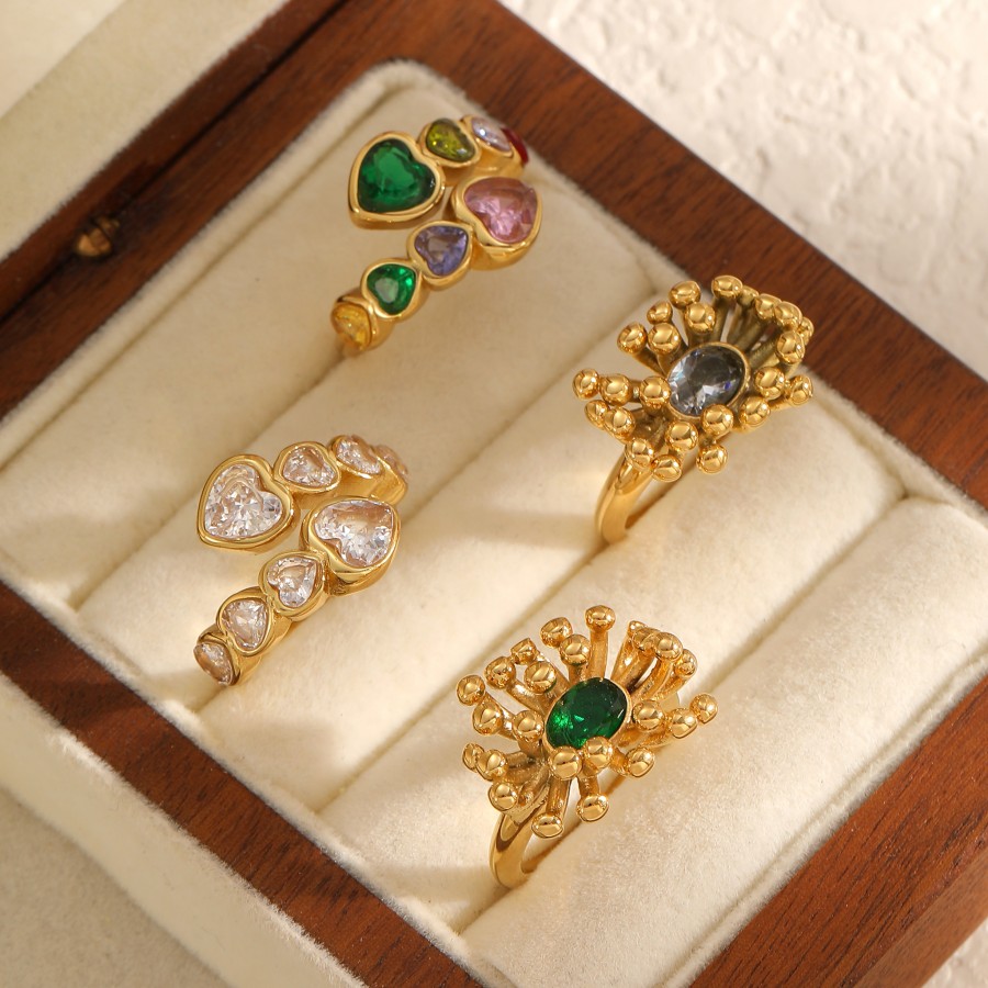 1 Piece Retro Flower Stainless Steel Waterproof Gold Color Gemstone Ring Picture2