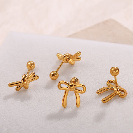 1 paio di orecchini piercing con nodo a fiocco in acciaio inossidabile, impermeabili, color oro, con strass 2