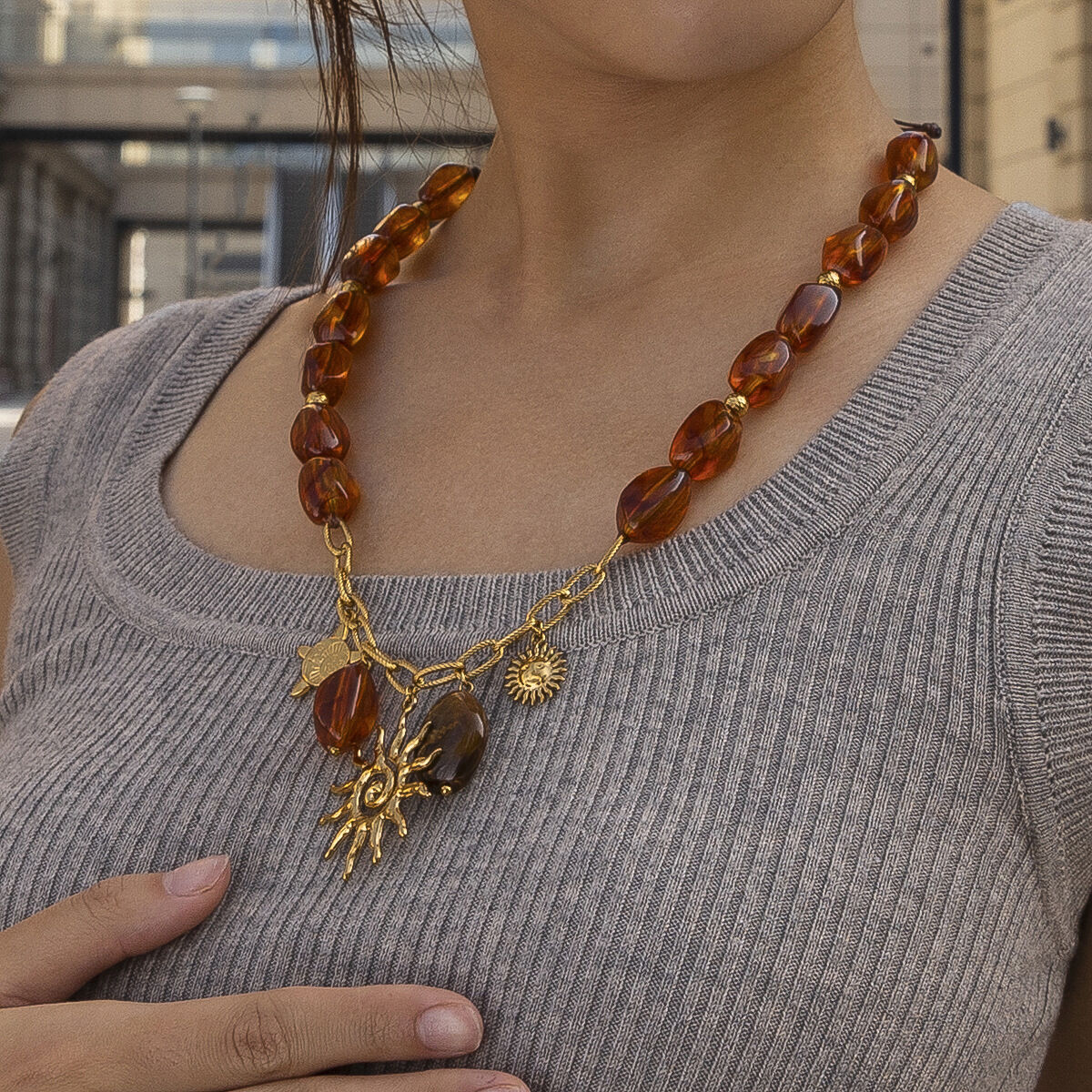 1 Piece Sun Stainless Steel Waterproof Gold Color Acrylic Beaded Necklace h5 Picture3