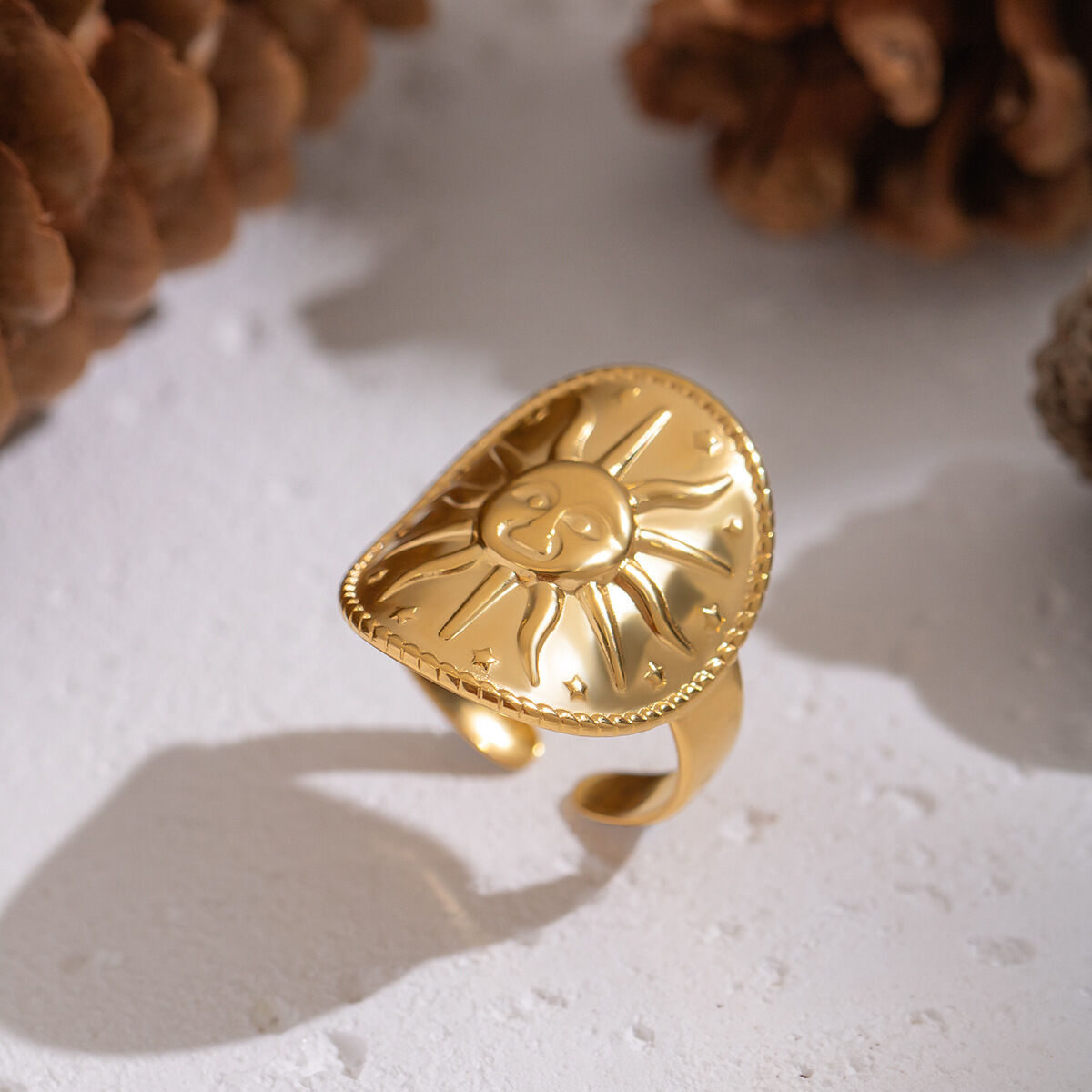 Anillo de acero inoxidable resistente al agua con diseño de sol retro de 1 pieza