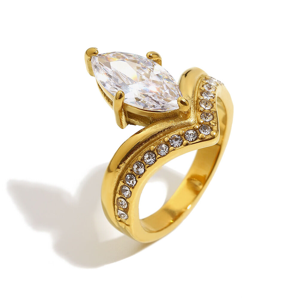 Anillo de acero inoxidable con circonitas cúbicas de lujo para mujer, forma irregular, resistente al agua, 1 pieza h5 Imagen4