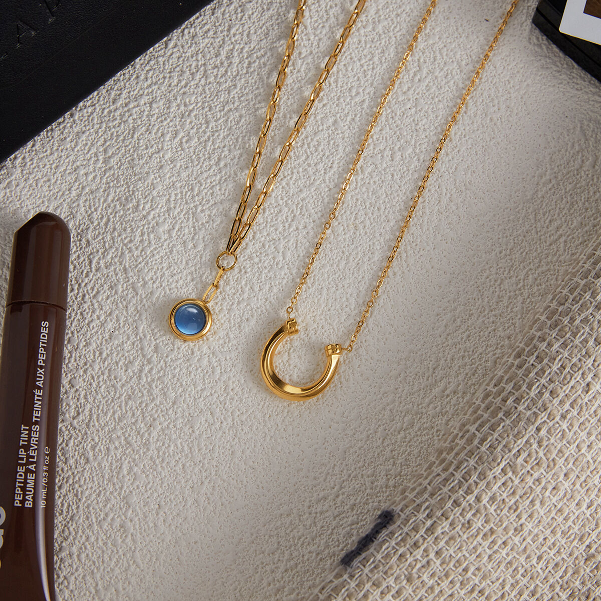 1 Piece Classic Blue Resin Circle Stainless Steel Waterproof Gold Color Women's Pendant Necklaces h5 Picture5