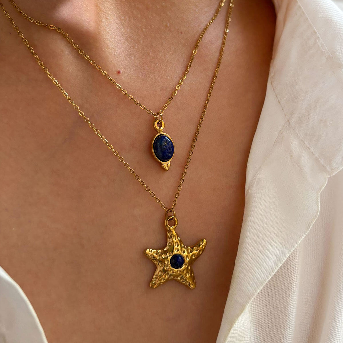 1 Piece Starfish Gold Color Natural Stone Pendant Necklace