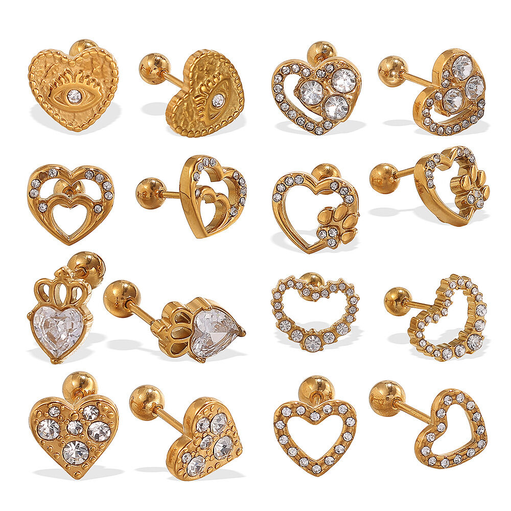 1 Pair Heart Stainless Steel Waterproof Gold Color Rhinestone Piercing Earrings h5Picture5