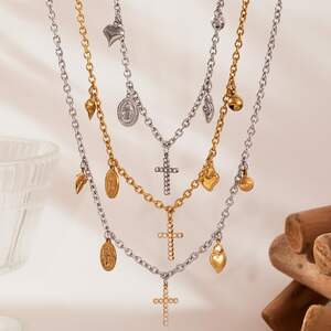 Lustrous Cross Stainless Steel Waterproof Gold Color Women's Jewelry Sets h5 Picture5