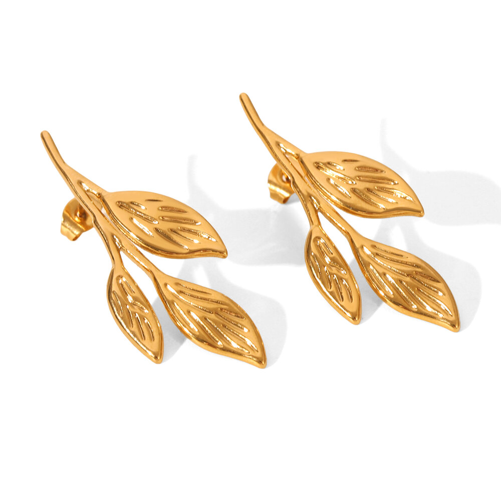 1 Pair Simple Leaf Stainless Steel Waterproof Gold Color Women's Stud Earrings
