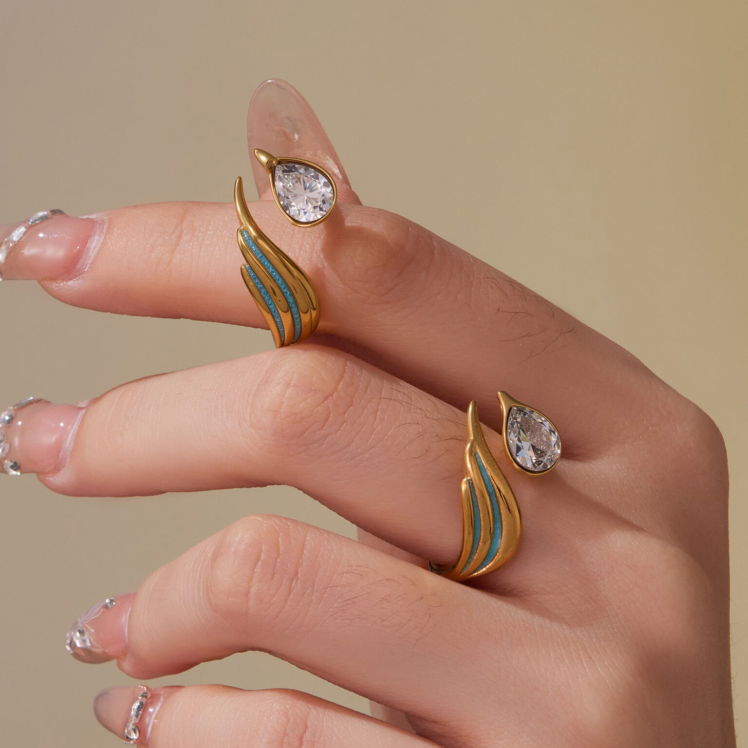 1 Piece Elegant Wings Stainless Steel Waterproof Gold Color Zircon Women's Gemstone Rings h5 Picture4