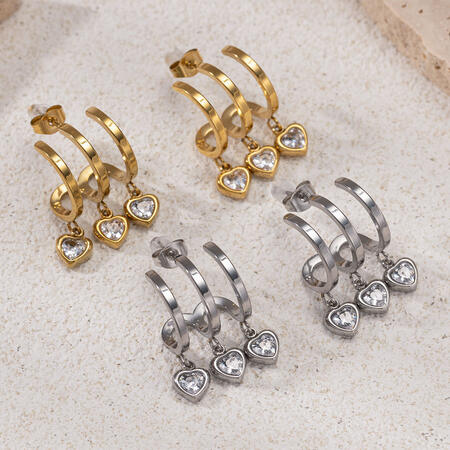 1 Pair Heart Stainless Steel Waterproof Gold Color Zircon Drop Earrings