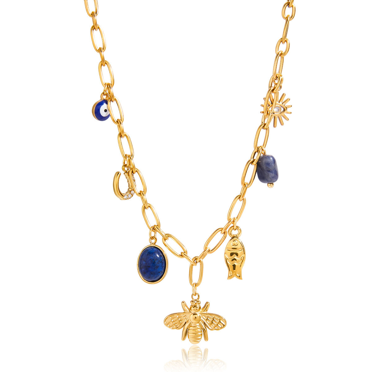 1 Piece Luxurious Bee Lapis Lazuli Stainless Steel Waterproof Gold Color Women's Pendant Necklaces h5 