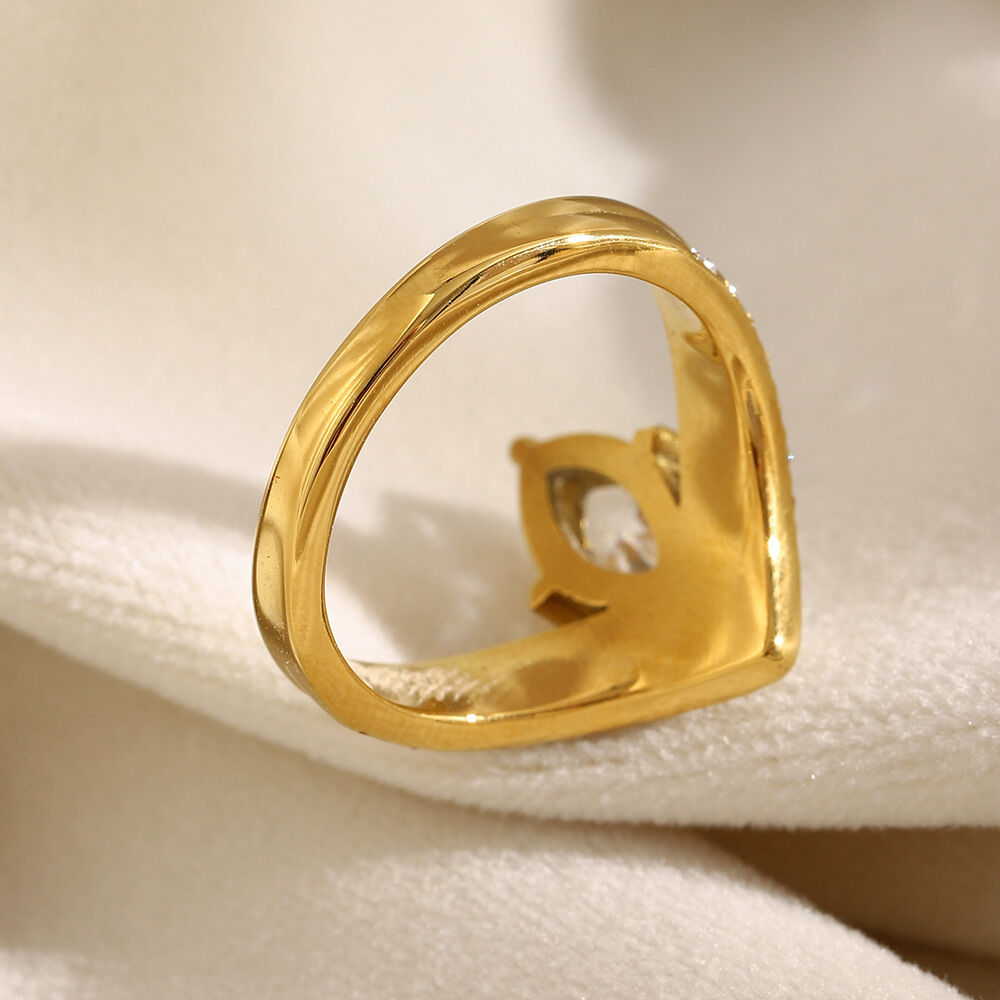 Anillo de acero inoxidable con circonitas cúbicas de lujo para mujer, forma irregular, resistente al agua, 1 pieza h5 Imagen3