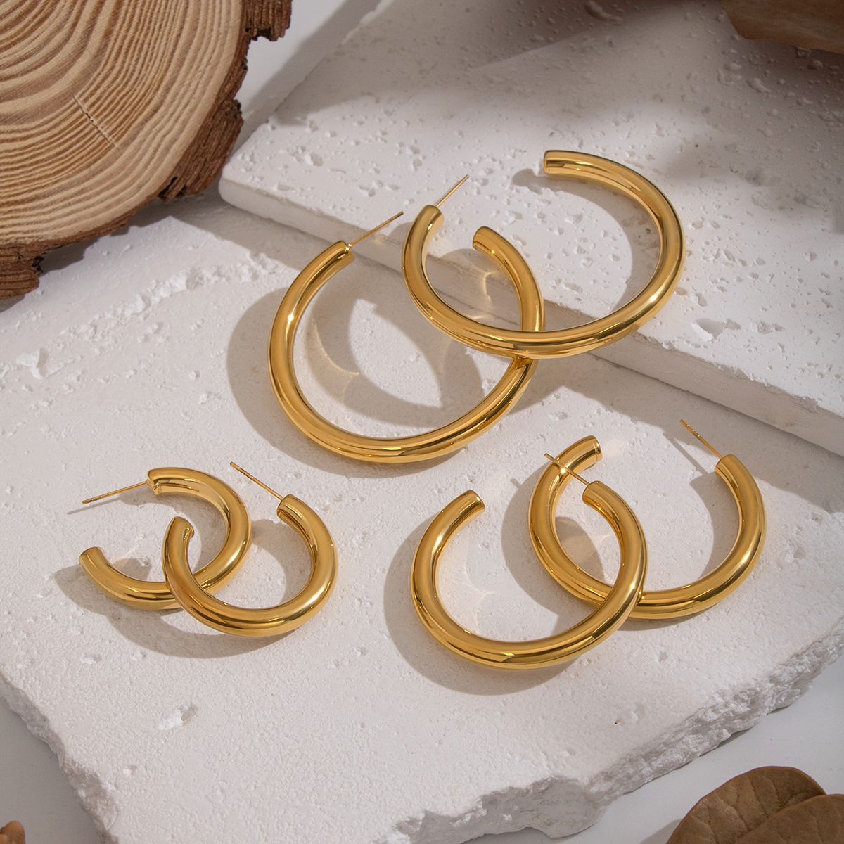 1 Pair Stainless Steel Waterproof Gold Color Hoop Earrings 2