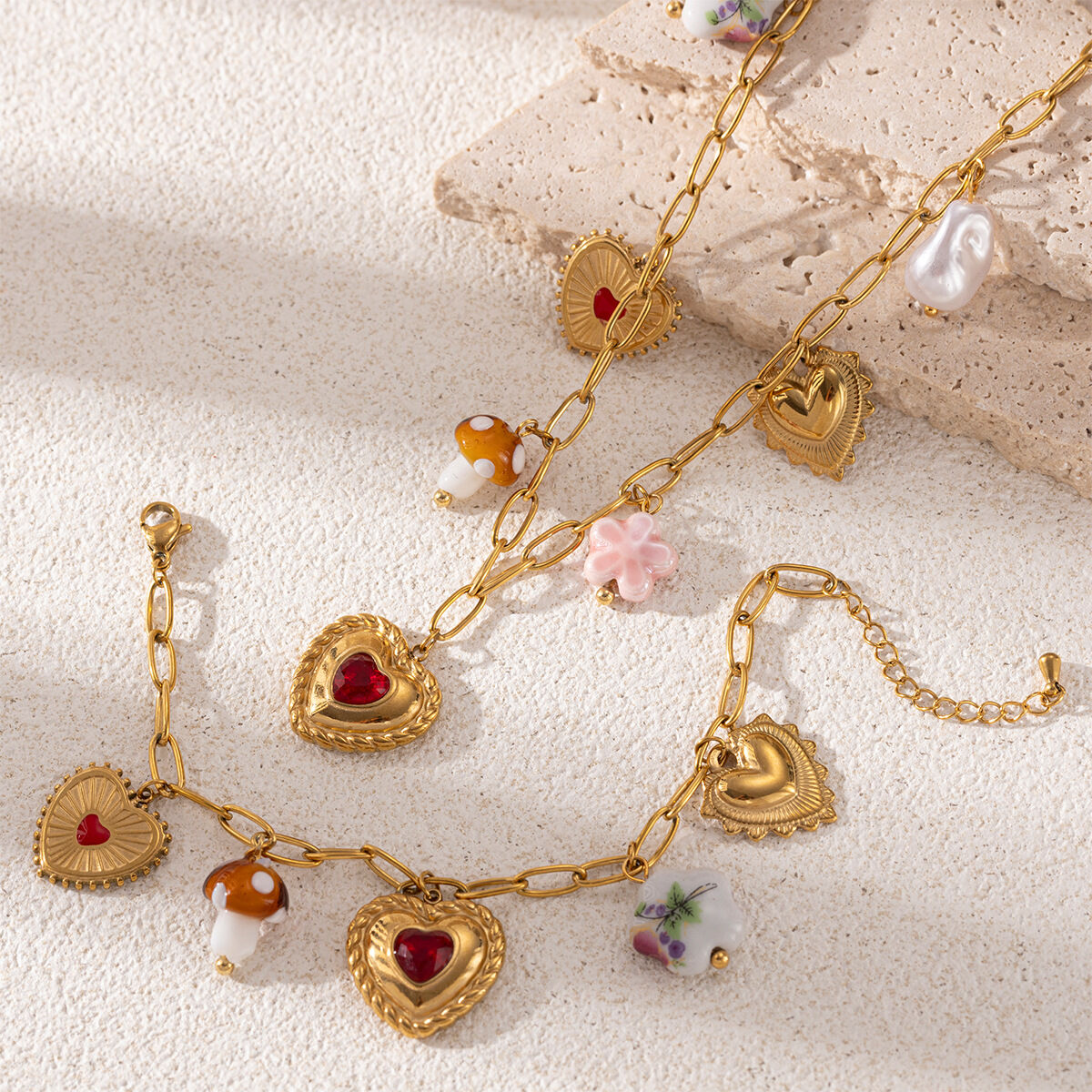 Heart Stainless Steel Waterproof Gold Color Necklaces Set