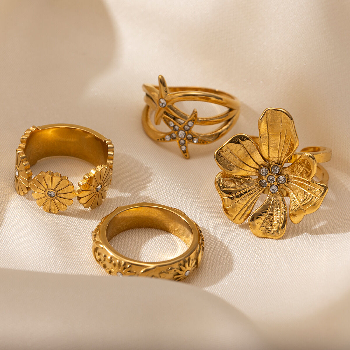 1 Piece Flower Stainless Steel Waterproof Gold Color Statement Ring Picture2
