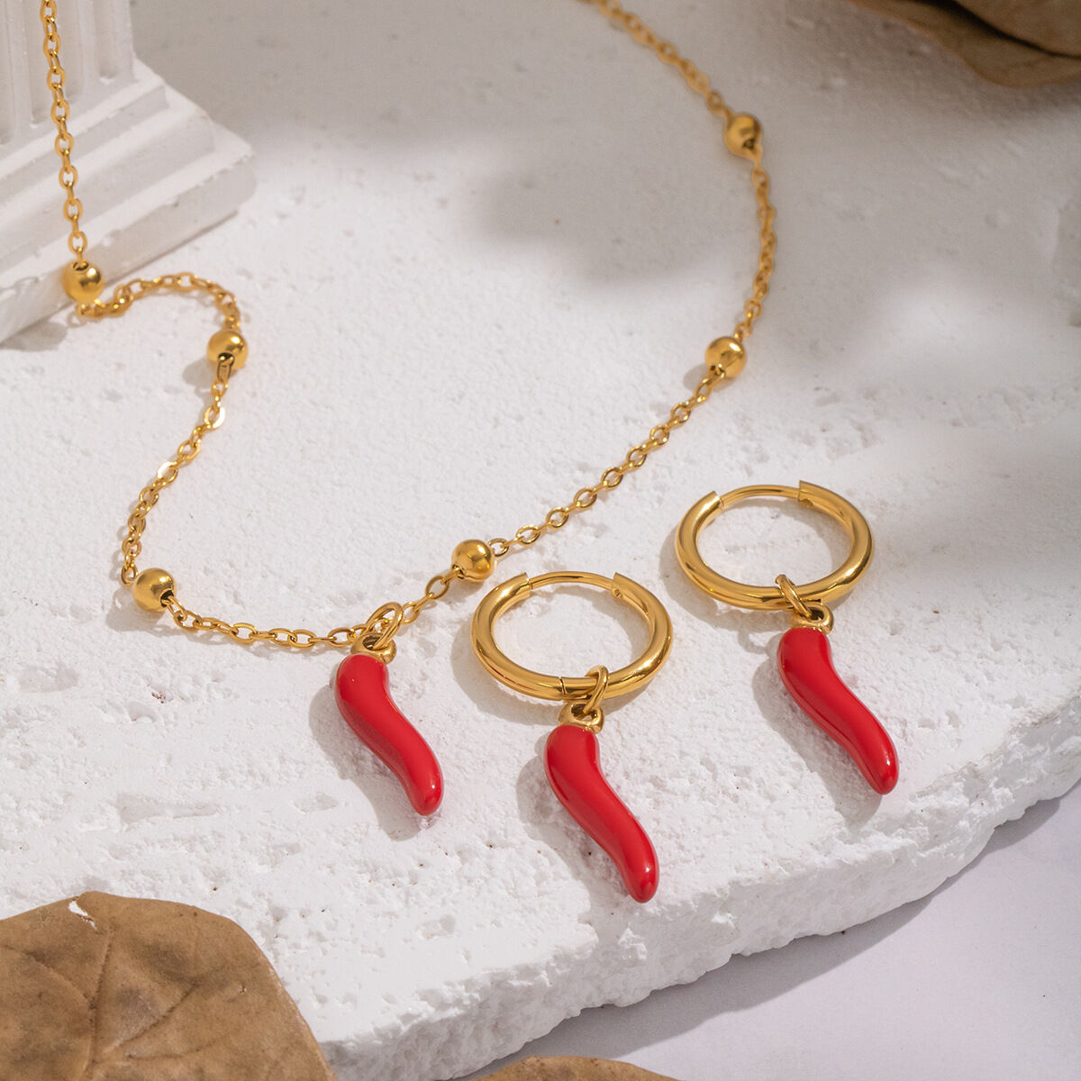 Enamel Chili Stainless Steel Waterproof Gold Color Necklace Set 2