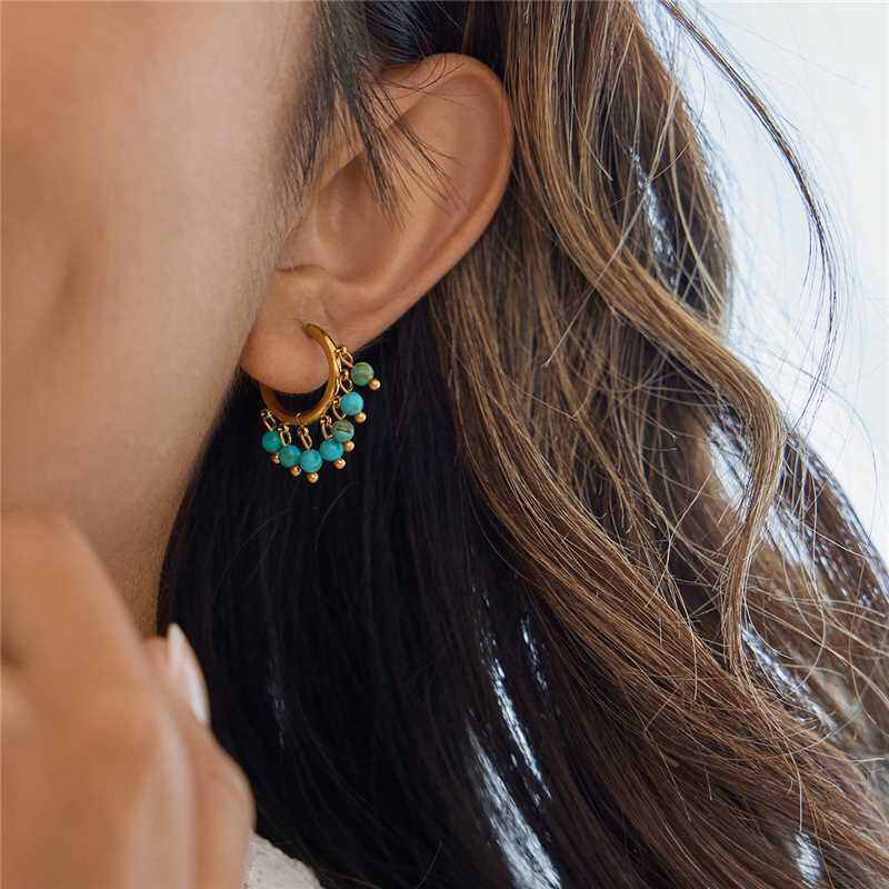 1 par de elegantes pendientes de aro circulares de calaita de acero inoxidable, resistentes al agua, color dorado, para mujer 2
