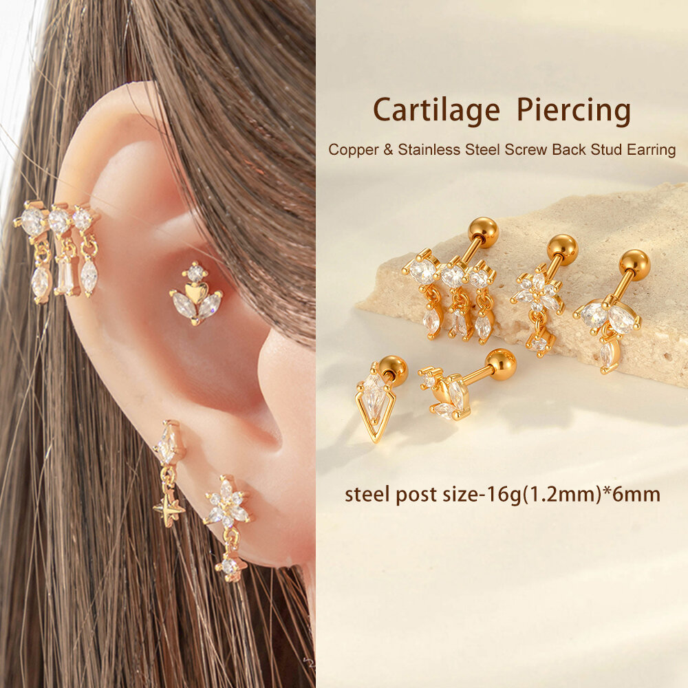 1 Piece Exquisite Heart Copper Gold Color Zircon Women's Piercing Earrings Picture6