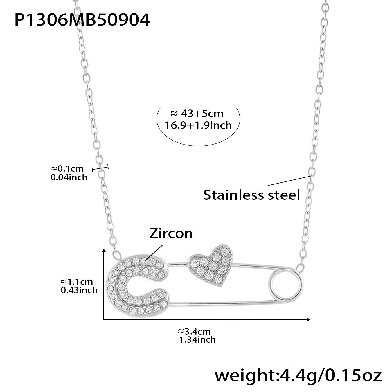 P1306-Steel Color Love Paperclip Zircon Necklace 43+5Cm Picture6