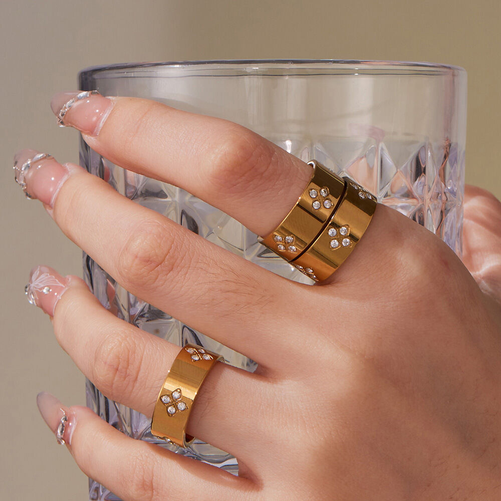 1 Piece Delicate Flower Stainless Steel Waterproof Gold Color Zircon Women's Gemstone Rings Picture5