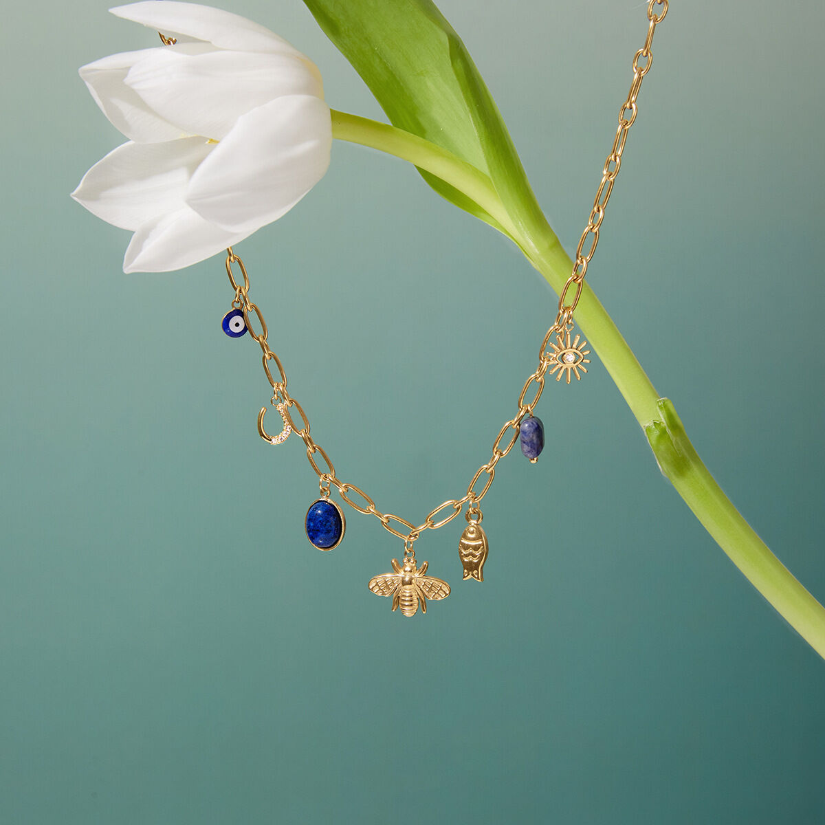 1 Piece Luxurious Bee Lapis Lazuli Stainless Steel Waterproof Gold Color Women's Pendant Necklaces h5 Picture6