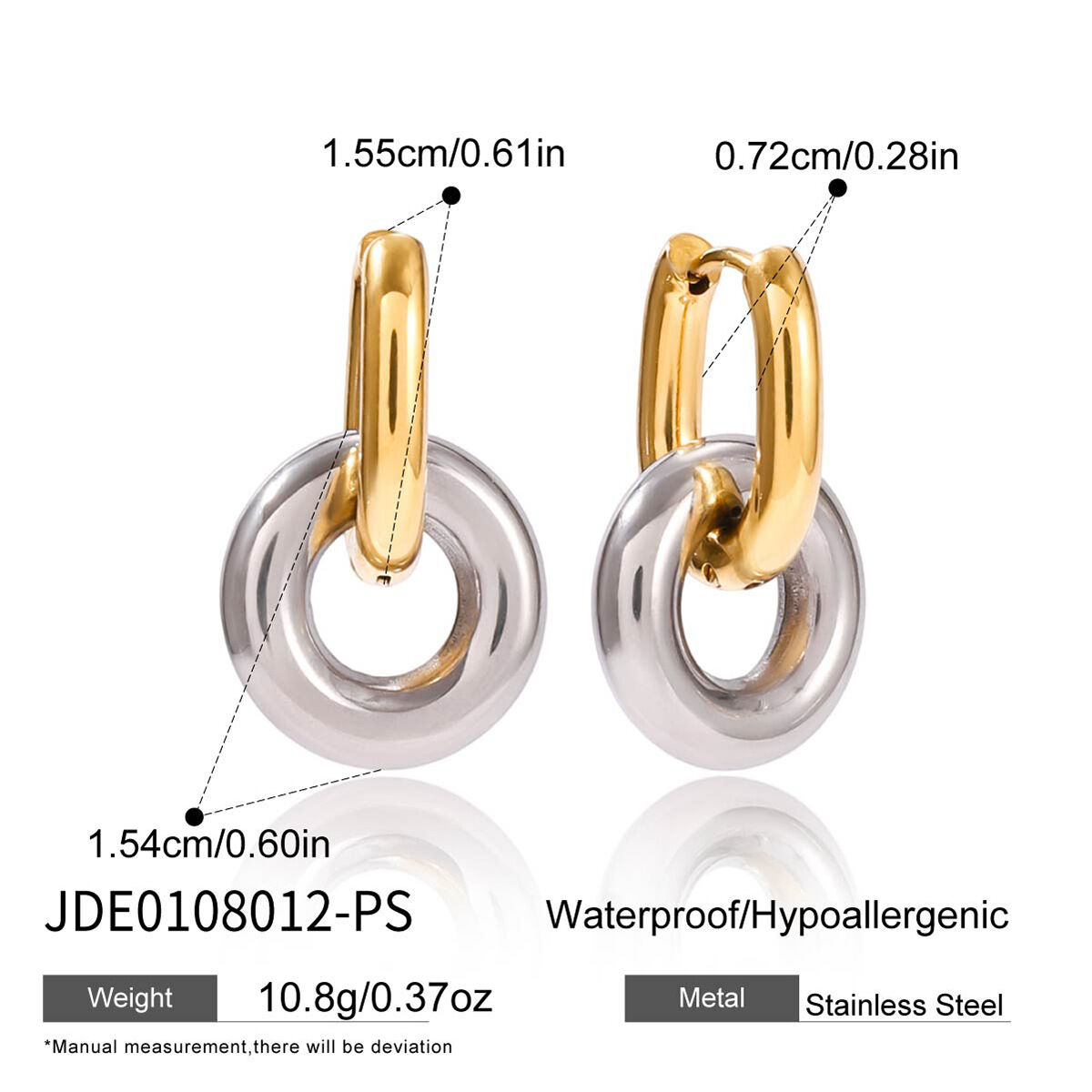 1 Pair Simple Circle Mixed Gold&Silver Colors Stainless Steel Waterproof Women's Hoop Earrings h5 