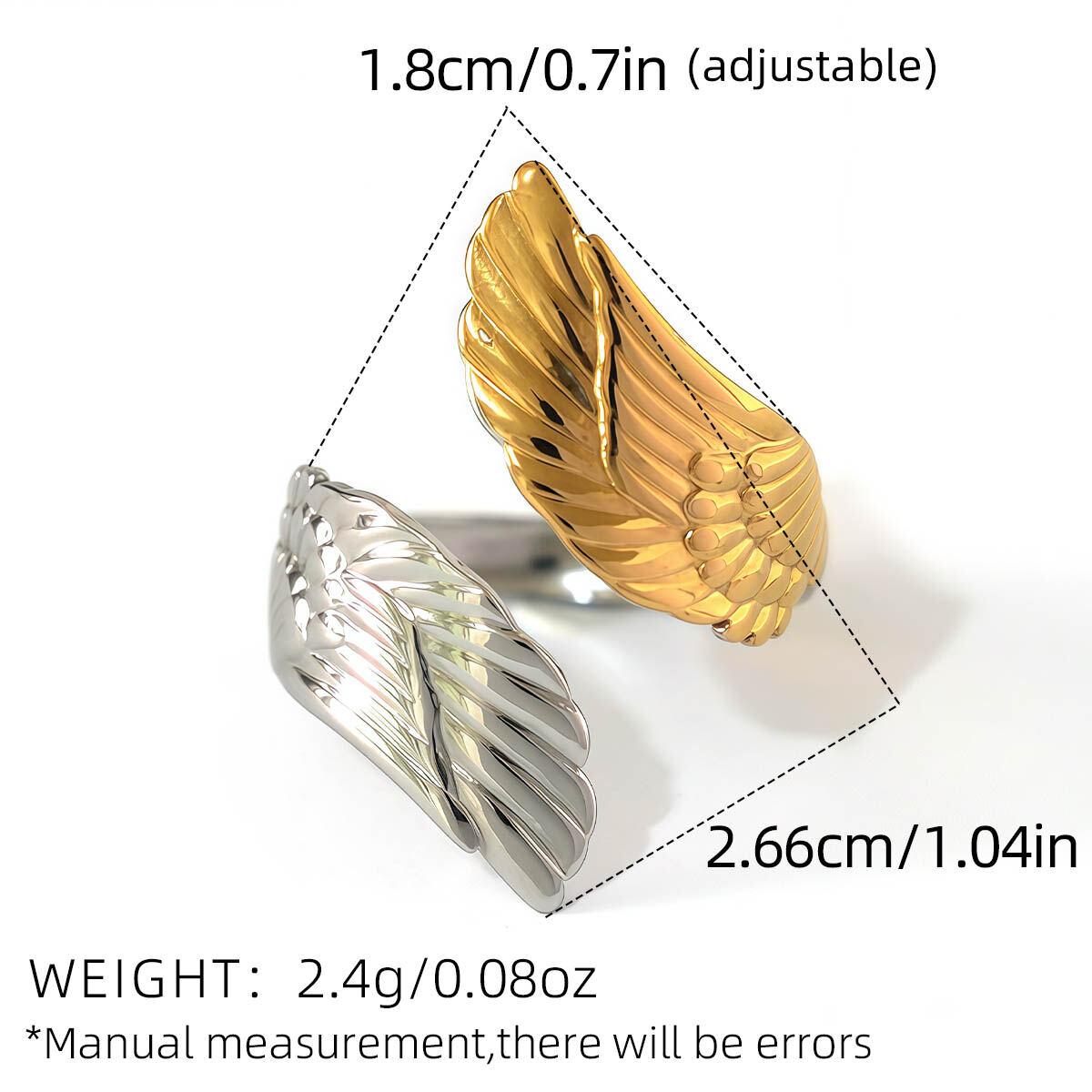 1 Piece Retro Mixed Gold Color And Silver Colors Wings Stainless Steel Waterproof  Women's Statement Rings h5 Picture2