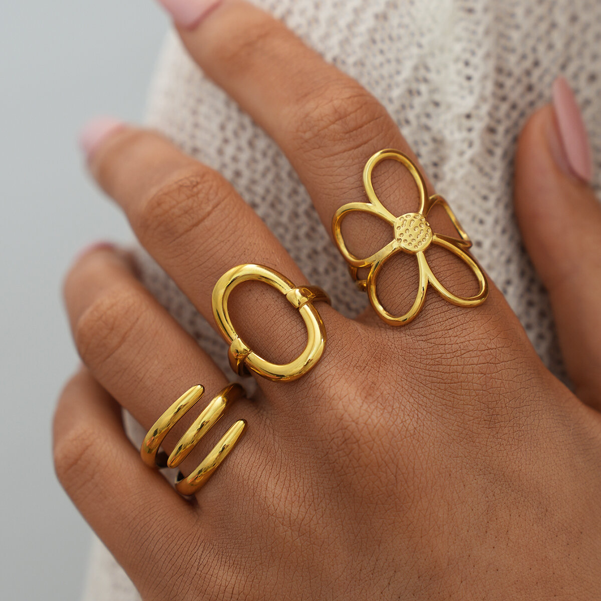 1 Piece  Casual Flower Rectangle Stainless Steel Waterproof  Gold Color Women's Statement Rings