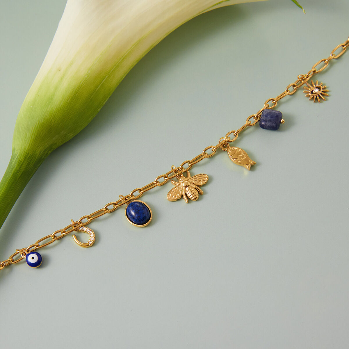 1 Piece Luxurious Bee Lapis Lazuli Stainless Steel Waterproof Gold Color Women's Pendant Necklaces h5 Picture7