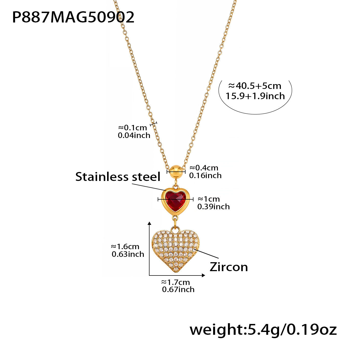 P887-Golden Heart Zircon Necklace 40+5Cm Picture3