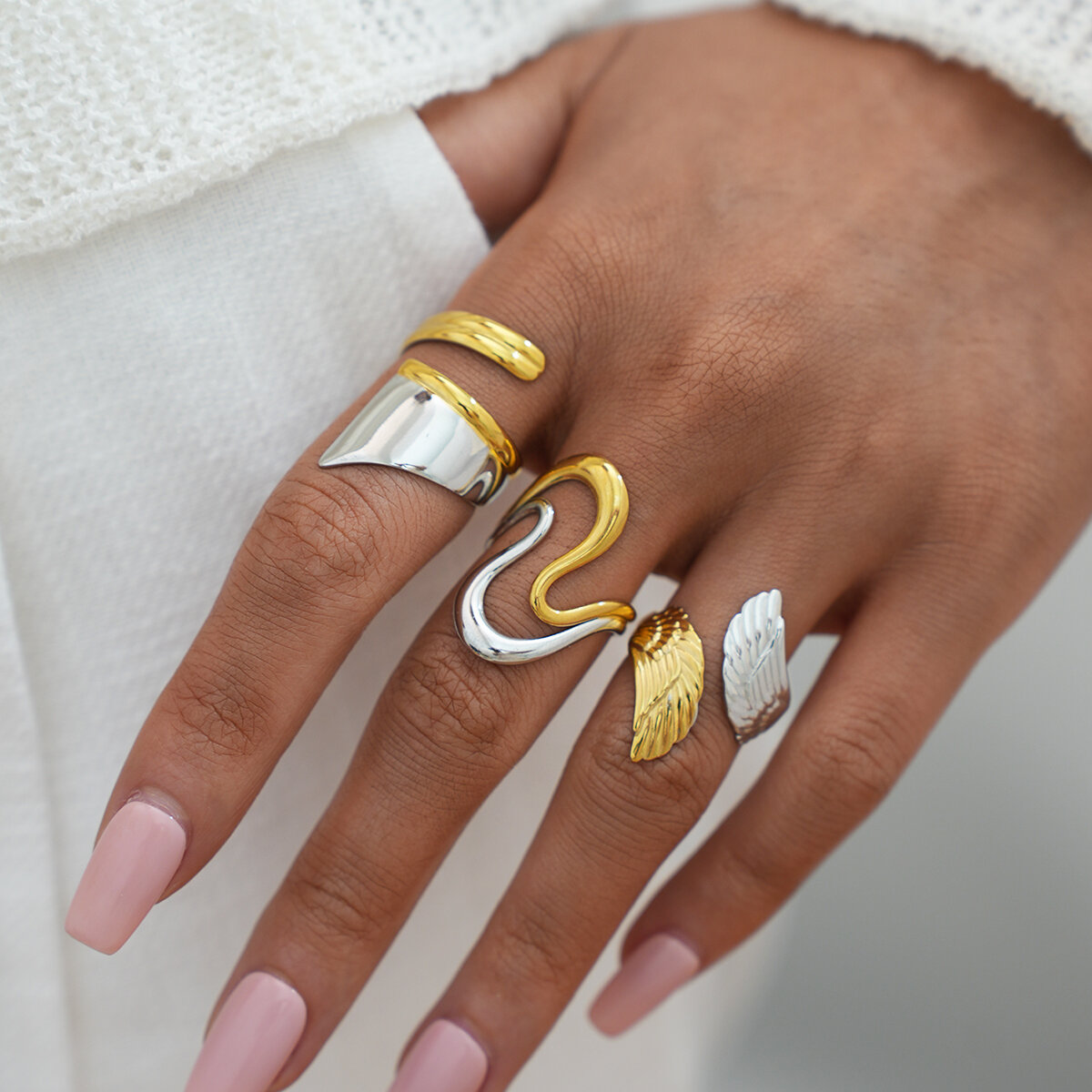 1 Piece Retro Mixed Gold Color And Silver Colors Wings Stainless Steel Waterproof  Women's Statement Rings Picture7