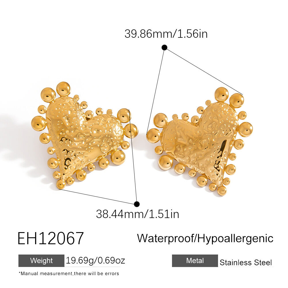 1 Pair Punk Heart Stainless Steel Waterproof Gold Color Stud Earrings h5 