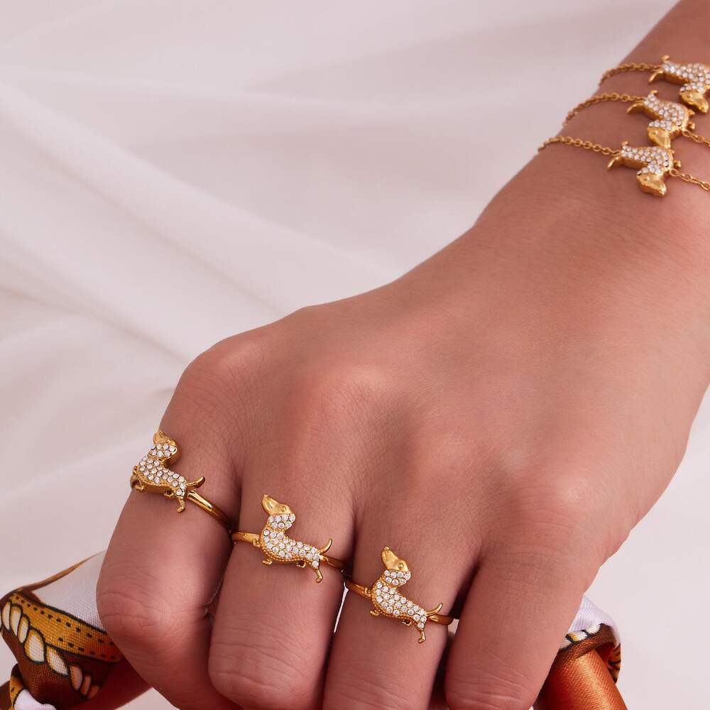 Cute Dachshund Stainless Steel Waterproof Gold Color Zircon Women's Jewelry Sets h5Picture6