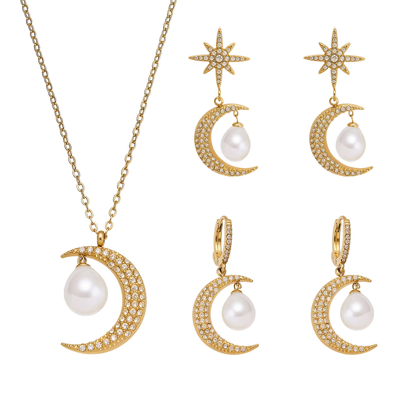 Classic Star&Moon Stainless Steel Waterproof Gold Color Zircon Women's Jewelry Sets h5 Picture5