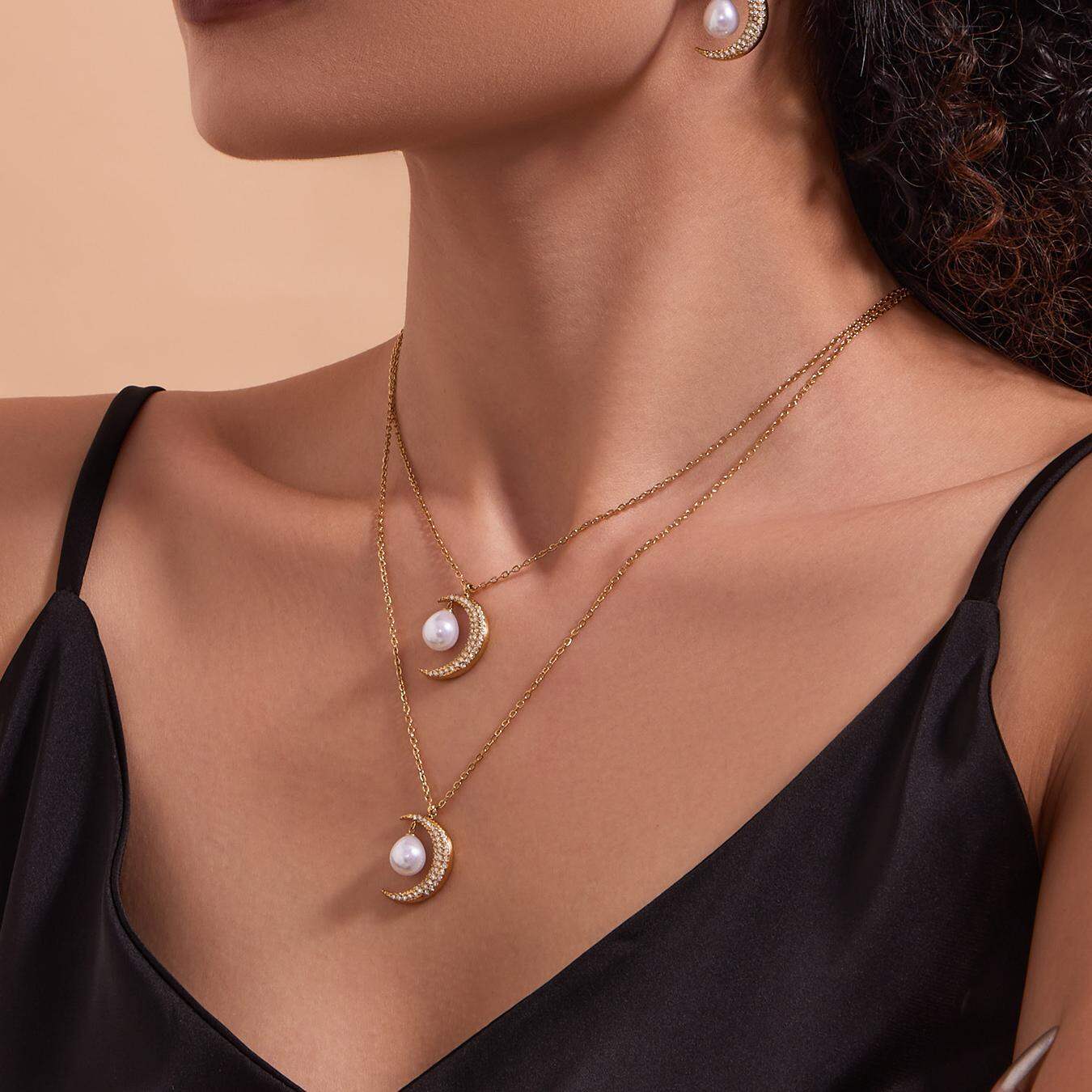Classic Star&Moon Stainless Steel Waterproof Gold Color Zircon Women's Jewelry Sets