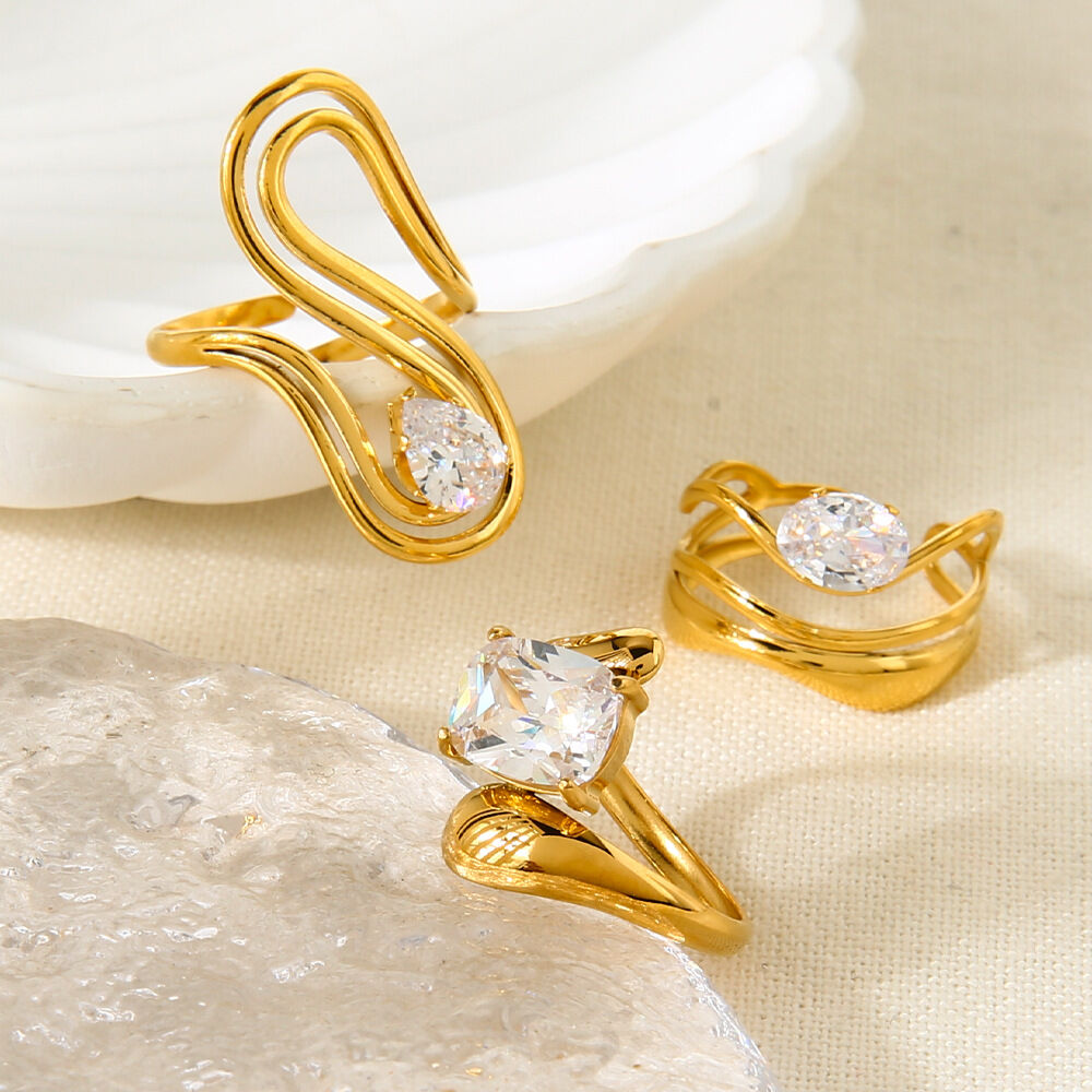 1 Piece Romantic  Elegant Circle Rectangle Stainless Steel Waterproof  Zircon Women‘s Statement Rings 2
