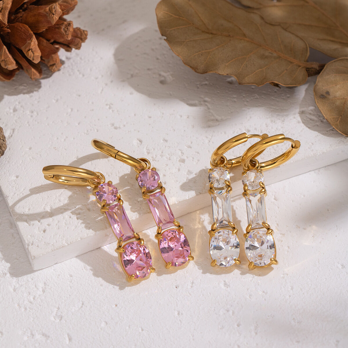 1 Pair Stainless Steel Waterproof Gold Color Pink Zircon Party Earrings