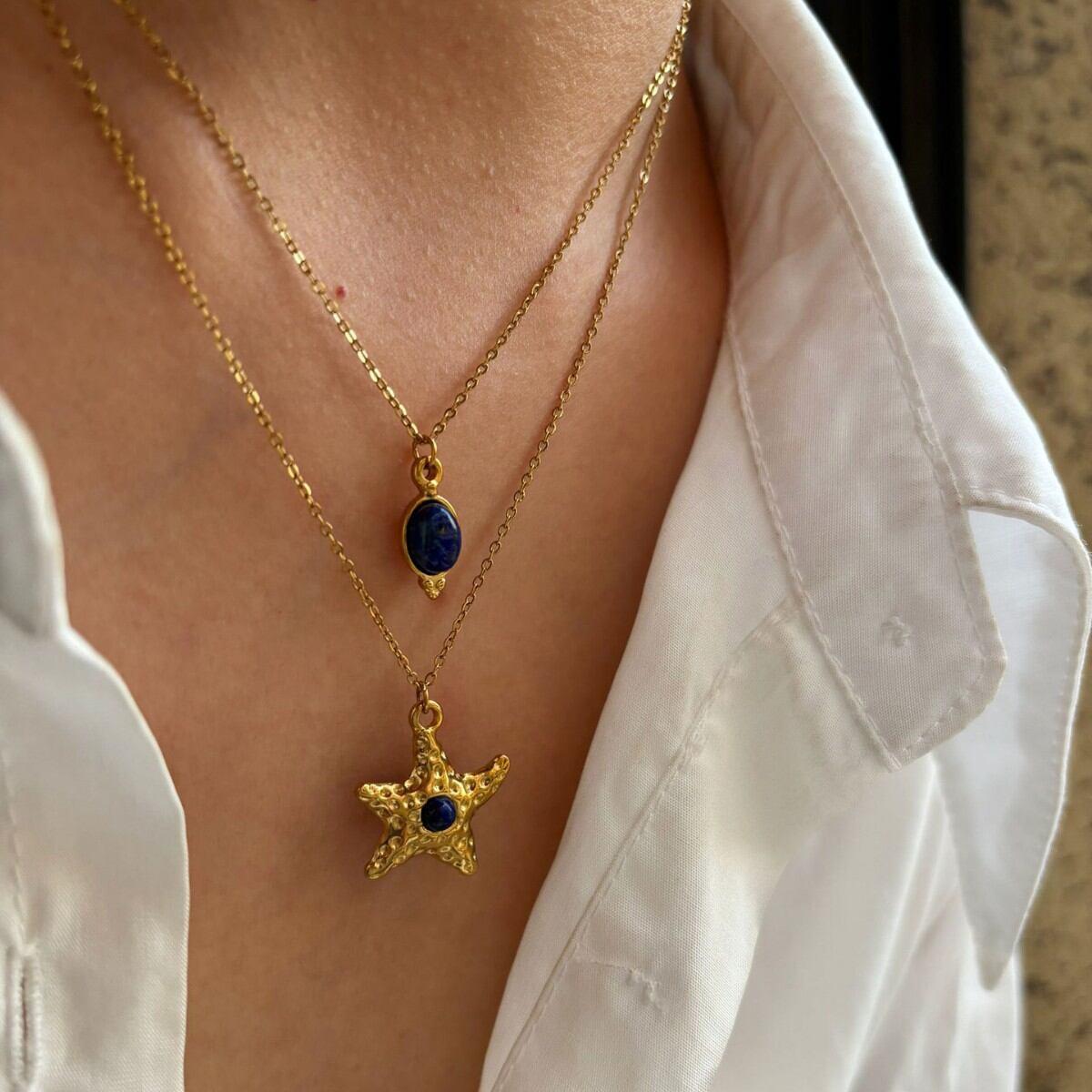 1 Piece Starfish Gold Color Natural Stone Pendant Necklace 2