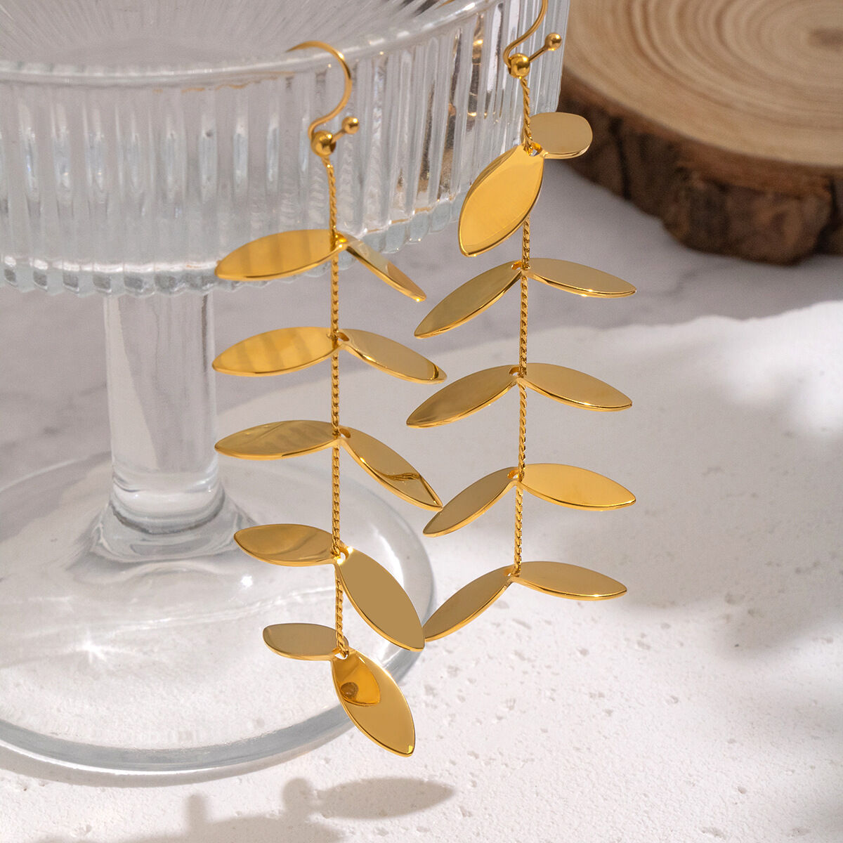 1 Pair Leaf Shape Stainless Steel Waterproof Gold Color Dangle Earrings Picture4