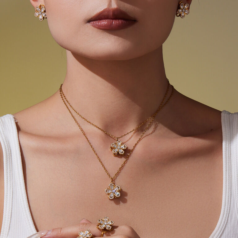 Classic Flower Rotatable Stainless Steel Waterproof Gold Color Zircon Women's Jewelry Sets Picture3