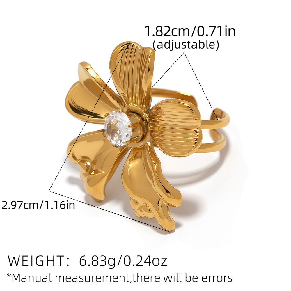 1 Piece Flower Stainless Steel Waterproof Gold Color Zircon Women's Statement Rings