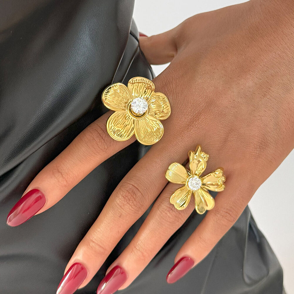 1 Piece Flower Stainless Steel Waterproof Gold Color Zircon Women's Statement Rings Picture3