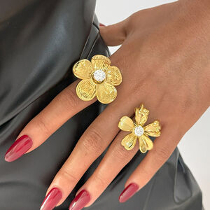 1 Piece Flower Stainless Steel Waterproof Gold Color Zircon Women's Statement Rings h5 Picture3