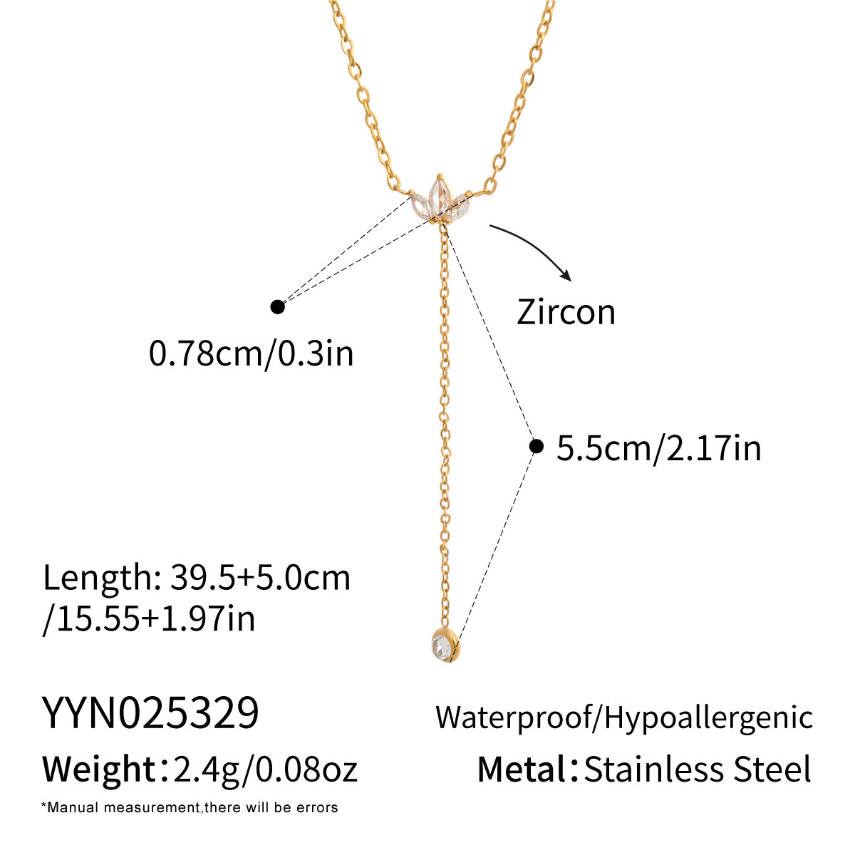1 Piece Y-shape Flower Stainless Steel Waterproof Gold Color Zircon Pendant Necklace 